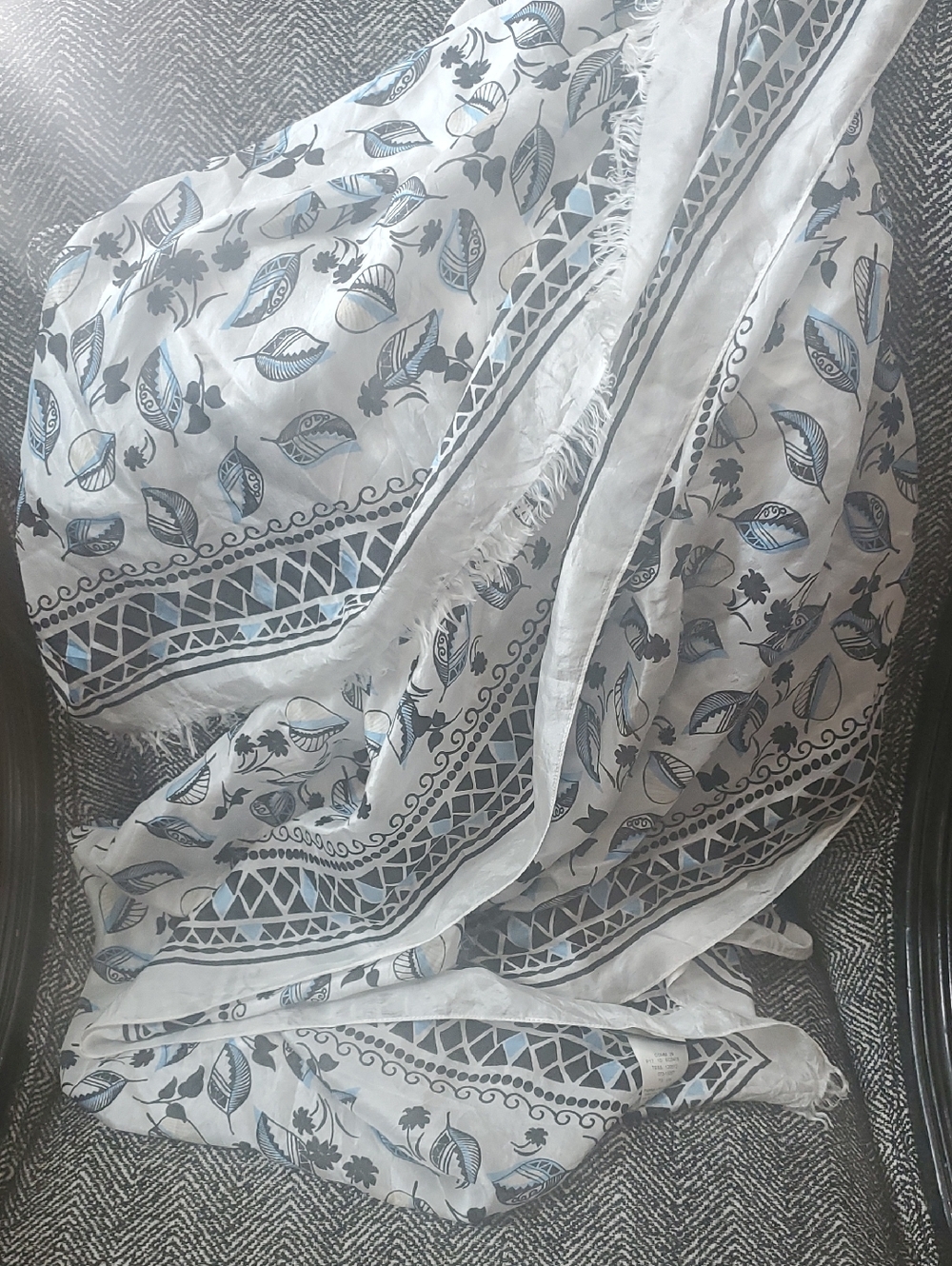 Seventy Sergio Tegon White, Black, and Blue Geometric Silk Scarf 40" X 72" D